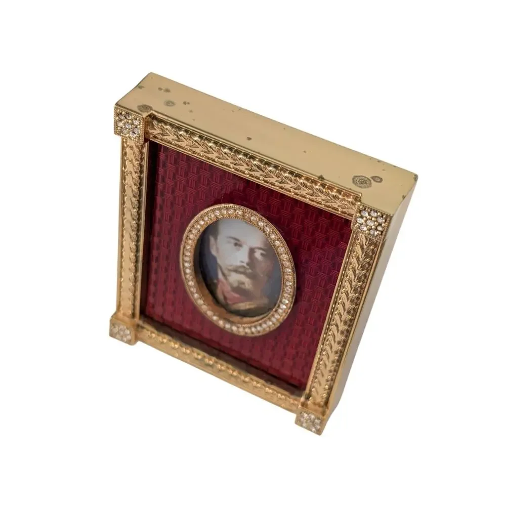 Faberge Red Guilloche Catherine Palace Signed Miniature Picture Frame Gold Plate